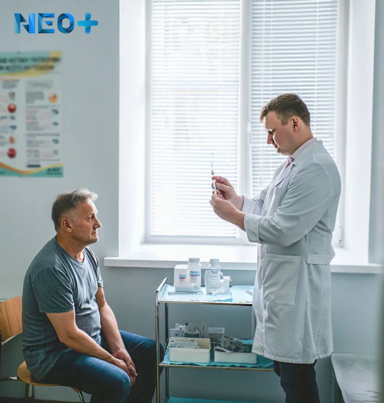 Мужчина сидит перед врачом на процедуре кодирования